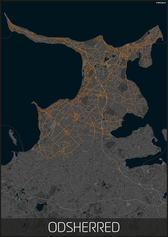 Odsherred kommune sort orange kortplakat til din boligindretning