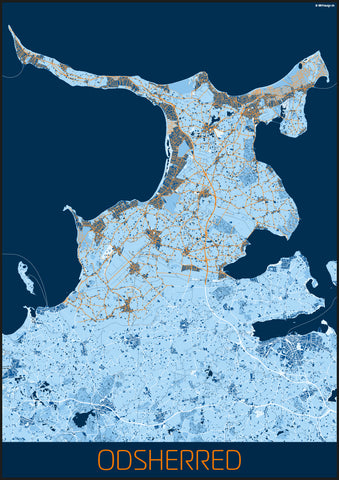 Odsherred kommune blå orange hvid kortplakat til din boligindretning