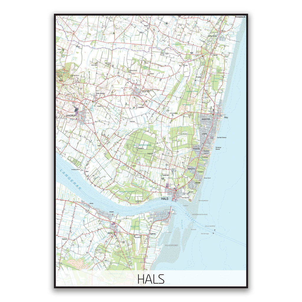 Kortplakat over Hals som topografisk kort – kortplakat.dk