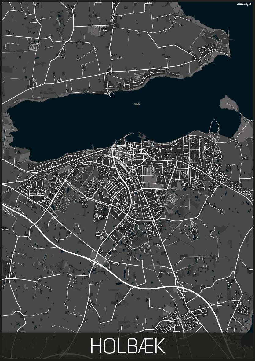 Kortplakat over Holbæk i sort og hvid – kortplakat.dk