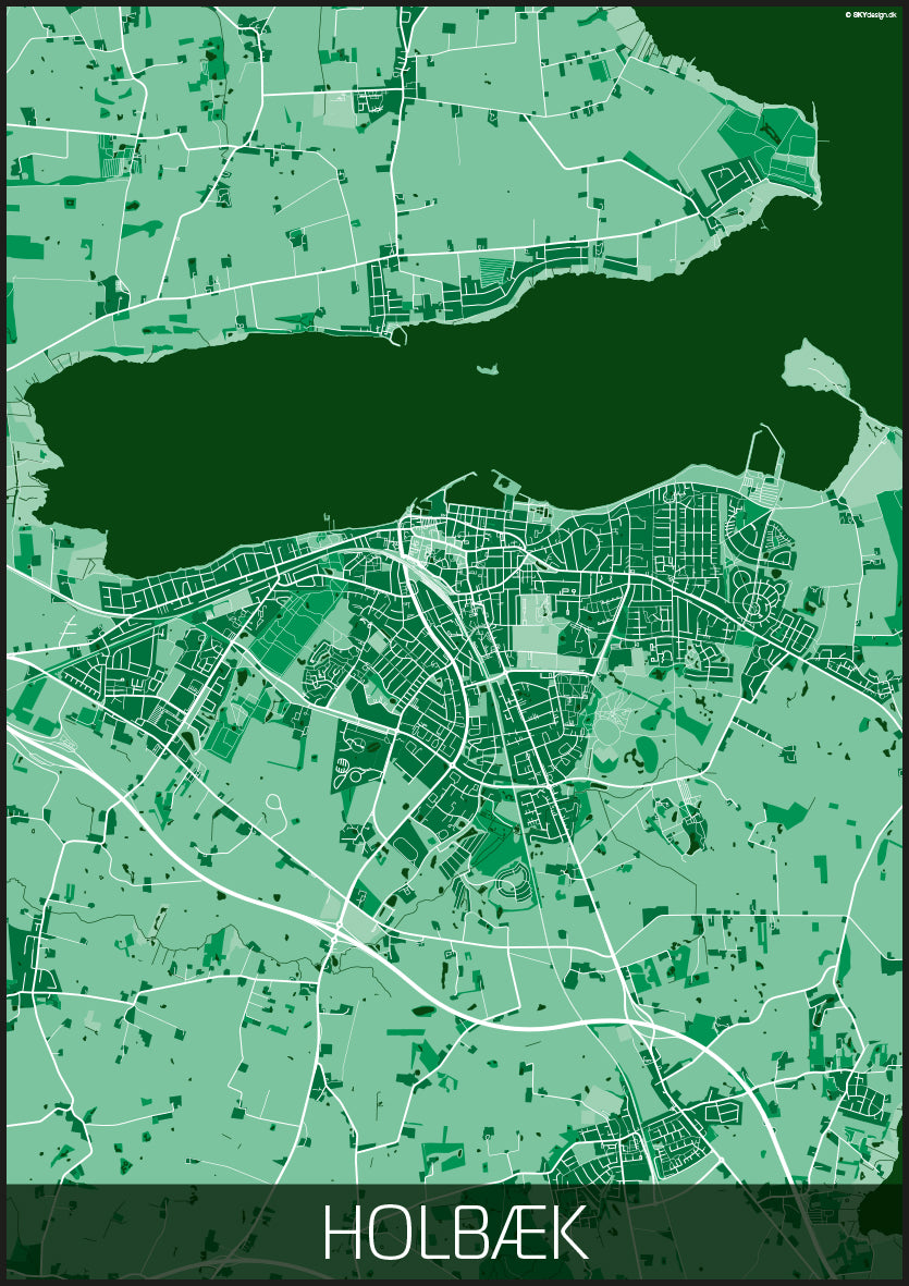 Kortplakat over Holbæk i mørkegrøn og hvid – kortplakat.dk